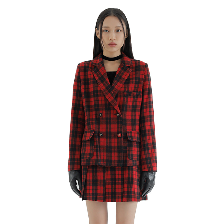 C CHECKED DOUBLE BUTTON JACKET_RED